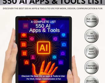 Może przedstawiać: Tablet wyświetla "550 AI APPS & TOOLS LIST" z tekstem "Discover the Best 550 AI Apps & Tools to Use for Work, Design, Communication & Fun." Ekran pokazuje "550 AI Apps & Tools" i grafikę AI. Okrągłe ikony podkreślają funkcje takie jak "PLR + MRR Included" i "Instant Download."