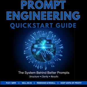 以下が含まれることがあります： 青色の「PROMPT ENGINEERING QUICKSTART GUIDE」というタイトルの本表紙。表紙には、検索バーに触れている手がある、光る青い球体があります。「The System Behind Better Prompts」と「Structure • Clarity • Results」というテキストが下にあります。