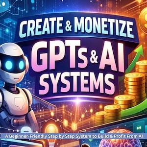 May include: A digital graphic promoting AI and GPT systems. The image features a futuristic robot, stacks of gold coins, and the text "CREATE & MONETIZE GPTS & AI SYSTEMS." The tagline reads, "A Beginner-Friendly Step by Step System to Build & Profit From AI."