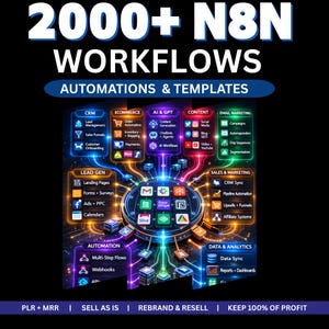 May include: A digital graphic with the text "2000+ N8N WORKFLOWS AUTOMATIONS & TEMPLATES." The image features icons representing CRM, e-commerce, AI, content, email marketing, lead generation, automation, sales, and data analytics.