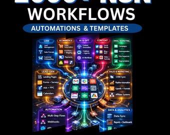 May include: A digital graphic with the text "2000+ N8N WORKFLOWS AUTOMATIONS & TEMPLATES." The image features icons representing CRM, e-commerce, AI, content, email marketing, lead generation, automation, sales, and data analytics.