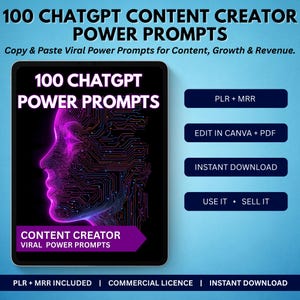Peut inclure: Publicité pour un produit numérique. L'image montre une tablette avec le texte "100 ChatGPT Power Prompts". La tablette affiche un profil rose néon et un design de circuit imprimé. Le texte supplémentaire comprend "Content Creator Viral Power Prompts" et des boutons d'appel à l'action.