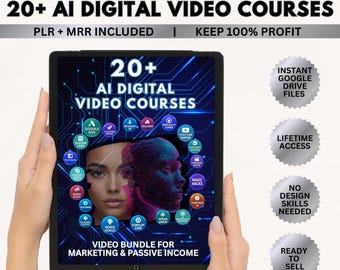 May include: A tablet displaying "20+ AI DIGITAL VIDEO COURSES" with the text "VIDEO BUNDLE FOR MARKETING & PASSIVE INCOME." The image includes icons and the phrases "INSTANT GOOGLE DRIVE FILES," "LIFETIME ACCESS," "NO DESIGN SKILLS NEEDED," and "READY TO SELL."