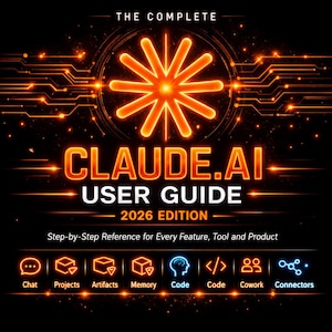 Może przedstawiać: Okładka książki z czarnym tłem i pomarańczowym i białym tekstem. Tytuł brzmi "CLAUDE.AI USER GUIDE 2026 EDITION". Poniżej tytułu znajdują się ikony dla Chat, Projects, Artifacts, Memory, Code, Code, Cowork i Connectors.