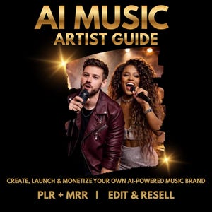 May include: A promotional image with the text "AI MUSIC ARTIST GUIDE" in gold lettering. The image features a man and woman holding microphones, with the text "CREATE, LAUNCH & MONETIZE YOUR OWN AI-POWERED MUSIC BRAND" below. Additional text includes "PLR + MRR | EDIT & RESELL".