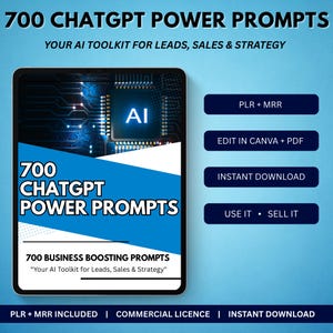 Op de afbeelding: Advertentie voor een digitaal product met "700 ChatGPT Power Prompts" op een tablet. De afbeelding bevat de tekst "Your AI Toolkit for Leads, Sales & Strategy" en knoppen voor PLR, direct downloaden en gebruiken/verkopen. Blauwe gradiënt achtergrond.