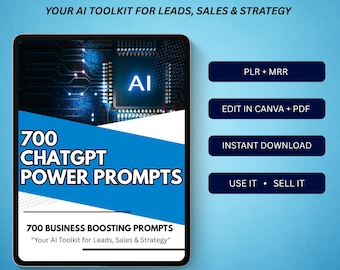 May include: A digital product advertisement featuring a tablet displaying "700 ChatGPT Power Prompts." The image includes the text "Your AI Toolkit for Leads, Sales & Strategy" and buttons for PLR, instant download, and use/sell options. The background is a gradient of blue.