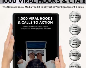 May include: A tablet displays the text "1000 VIRAL HOOKS & CTA'S" and "The Ultimate Social Media Toolkit to Skyrocket Your Engagement & Sales." Additional text includes "PLR + MRR INCLUDED," "1000 PAGES / ASSETS," "KEEP 100% PROFIT," "INSTANT DOWNLOAD," and "READY TO REBRAND & SELL."