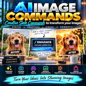 Könnte beinhalten: Eine digitale Grafik mit dem Titel AI IMAGE COMMANDS, die einen Computermonitor mit einem Vorher-Nachher-Vergleich eines Golden Retrievers zeigt. Der Text enthält Creative Slash Commands, Simple, Practical, Visual, Powerful und Turn Your Ideas Into Stunning Images.