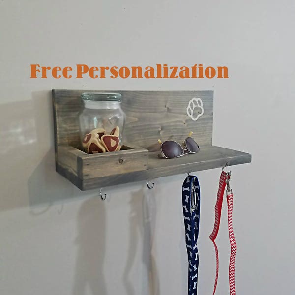 Ready to Ship once personalized ! Rustic Leash Holder / Organizer w/ Shelf and Treat Jar - Personalized - Weathered Gray