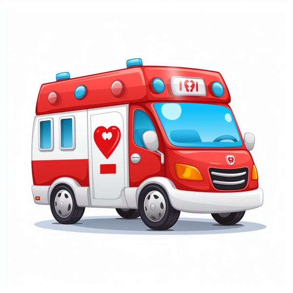 Cute Ambulance Illustration - Digital Download - Fun Cartoon Decor for Children, Ideal for Playroom Display, Unique Kids' Birthday Gift!