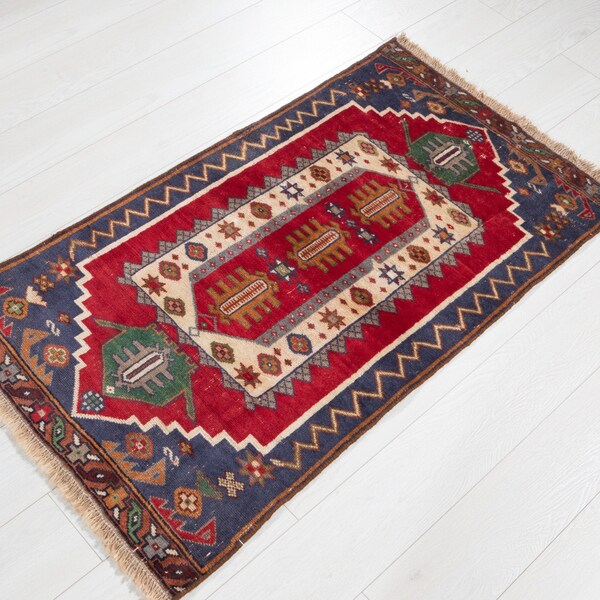 Excellent Vintage Small Rug 2x4 (3'10"x2'2") Hand-Knotted Antique Red Tribal Turkish Doormat Wool Carpet #4031