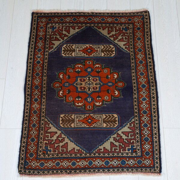 3.28ft x 2.46ft Hand knotted small Caucasian vintage rug blue, tribal kitchen rug, boho bathroom vintage rug, small area rug #613
