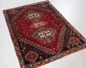 4.9ft x 3.45ft Excellent hand knotted tribal small Caucasian antique rug low pile boho handmade faded red vintage oriental wool carpet 1334