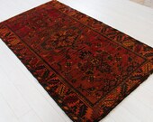 7ft x 3.88ft Excellent hand knotted Turkish vintage wool rug, low pile red antique oriental handmade golden washed carpet 1348