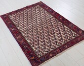 4.7ft x 3.21ft Excellent hand knotted Caucasian vintage rug, boho handmade low pile beige paisley antique oriental small wool carpet 1341