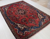 8.36ft x 5.77ft Excellent hand knotted large Turkish vintage area rug, boho handmade faded red beige antique oriental wool carpet 1162