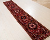 10.33ft x 1.9ft Excellent hand knotted tribal Caucasian vintage runner rug, low pile handmade faded red hallway wool carpet 1229