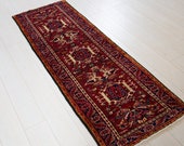 6ft x 2ft Excellent hand knotted tribal Caucasian antique small runner rug, low pile handmade red hallway wool carpet 1116