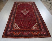 10ft x 5.2ft Excellent hand knotted Turkish large antique area rug, low pile handmade red vintage oriental wool carpet 1520