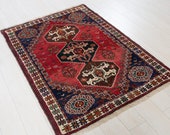 4.9ft x 3.45ft Excellent hand knotted tribal small Caucasian antique rug low pile boho handmade faded red vintage oriental wool carpet 1349