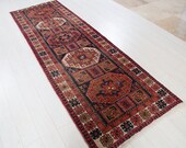 9.61ft x 3.21ft Excellent hand knotted tribal Caucasian worn vintage runner rug, low pile faded navy blue hallway wool carpet 1333