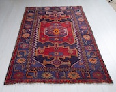 6.82ft x 4.26ft Excellent hand knotted Caucasian vintage soft area rug, boho handmade red navy antique oriental wool carpet 1445