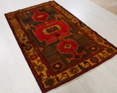 6.63ft x 4.2ft Excellent hand knotted Caucasian vintage wool rug, low pile red antique oriental handmade golden washed carpet 1346