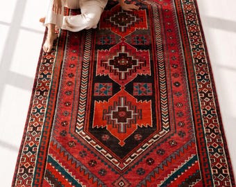 5x9 Amazing Quality Vintage Rug, Red Soft Hand-Knotted Turkish Tribal Area Rug #4544
