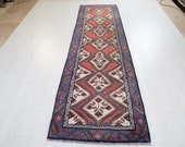 9.38ft x 2.8ft Excellent hand knotted tribal Turkish antique runner rug, low pile faded handmade rustic red hallway wool carpet 1118
