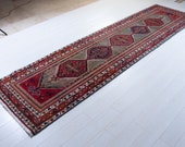 12.1ft x 3.31ft Excellent Hand-Knotted Caucasian Antique Runner Rug 12 39 Long Handmade Brown Red Handmade Vintage Hallway Carpet 2226