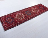 7.41ft x 2.23ft Excellent Hand-Knotted Caucasian Vintage Runner Rug Low Pile Faded Red Short Hallway Wool Carpet 2237