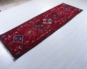 9.4ft x 3ft Excellent Hand-Knotted Caucasian Vintage Runner Rug 9 39 Long Tribal Handmae Red Antique Hallway Wool Carpet 2231
