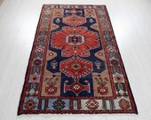 6 39 9 quot x 4 39 Excellent Hand-Knotted Vintage Navy Blue Red Tribal Rug 4x7 Soft Faded Wool Carpet 2902