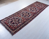 10.27ft x 3.31ft Excellent Hand-Knotted Antique Caucasian Runner Rug Low Pile Worn Faded Red Tribal Hallway Vintage Wool Carpet 2229
