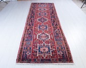 10.66ft x 3.25ft Excellent Hand-Knotted Caucasian Vintage Runner Rug Low Pile Tribal Red Handmade Hallway Wool Carpet 2227
