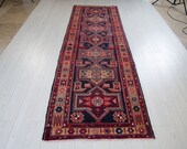 10.5 x 3.35ft Excellent hand knotted antique Caucasian runner rug, low pile worn handmade vintage faded navy blue hallway wool carpet 1510