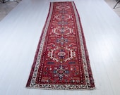 12ft x 2.85ft Excellent Hand-Knotted Vintage Caucasian Runner Rug Low Pile Worn Faded Red Tribal Handmade Hallway Wool Carpet 2232