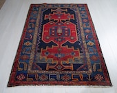 6.1ft x 4.1ft Excellent hand knotted Caucasian vintage soft area rug, boho handmade red navy antique oriental wool carpet 1449