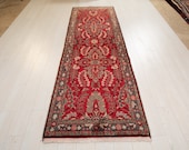 9.65ft x 2.92ft Excellent hand knotted tribal Caucasian vintage runner rug, low pile handmade faded red hallway wool carpet 1238