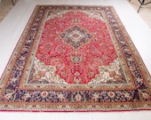 9.8ft x 6.63ft Excellent Hand-Knotted Vintage Turkish Area Rug Low Pile Faded Red Large Handmade Floral Wool Carpet 1931