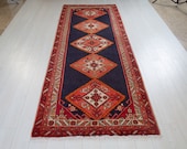 9.8x3.65ft Excellent hand knotted antique tribal Caucasian runner rug, low pile soft handmade vintage navy blue hallway wool carpet 1502