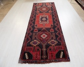 9.55ft x 3.28ft Excellent hand knotted Caucasian antique long runner rug, low pile handmade rustic red blue large hallway wool carpet 1134
