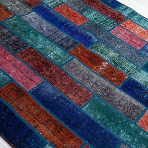 Colorful Vintage Rug 6'4"x5'6" Handmade Patchwork Over Dyed Turkish Blue Area Rug #836