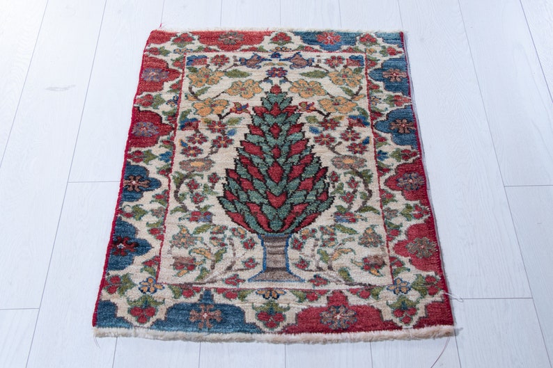 Mini Rug Handmade Beige Decorative Wool Carpet Vintage Small Turkish Rug 2x3 Housewarming Gifts #2318