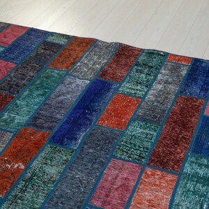 Colorful Vintage Rug 6'4"x5'6" Handmade Patchwork Over Dyed Turkish Blue Area Rug #836