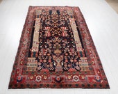 Vintage Rug 7 39 10 quot x 4 39 5 quot Hand-Knotted Collectible Navy Blue Red Low Pile Soft Turkish Tribal Wool Carpet 2890