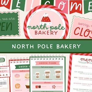 Puede incluir: Una colección de gráficos con temática de panadería con un tema navideño. El diseño incluye un letrero que dice "Bienvenido" y "Abierto", y un letrero que dice "Cerrado". También hay un menú, formularios de pedido y una tarjeta de recompensas. La panadería se llama "North Pole Bakery".