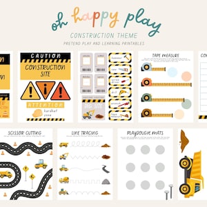 May include: A collection of printable construction-themed learning activities. Includes caution signs, tape measures, scissor cutting paths, line tracing, and playdough mats. The design features yellow, orange, and black colors with construction-related graphics.