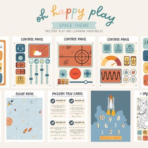 Puede incluir: Un conjunto de materiales educativos imprimibles con temática espacial. Incluye listas de verificación, paneles de control, tarjetas de misión, un juego de trayectoria de vuelo y una actividad "Veo, veo". Los colores son suaves, con cohetes y planetas.